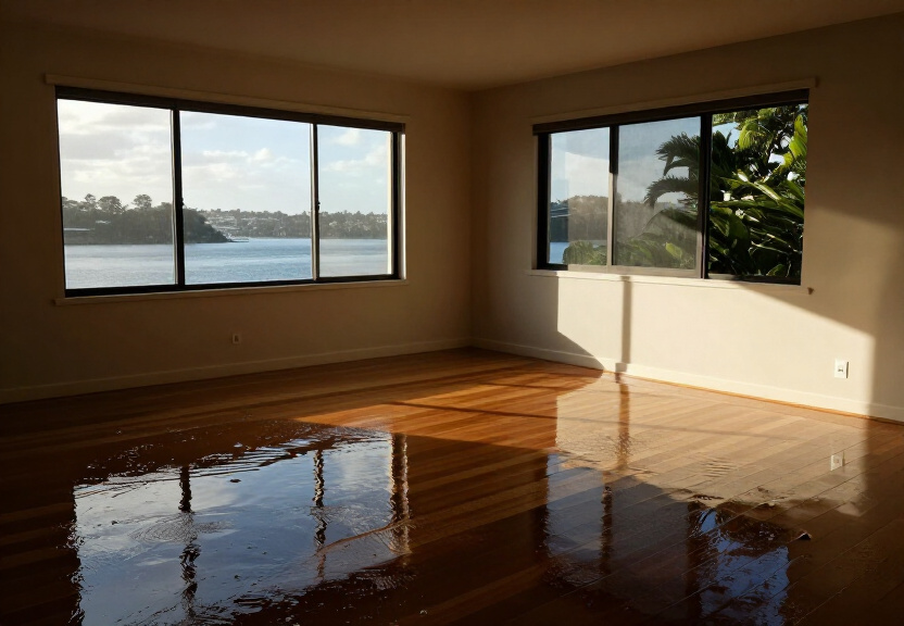 Water-damaged living room in Pemulwuy before restoration