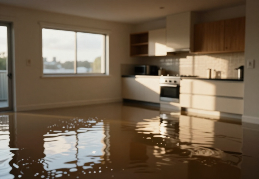 Flooded office space in Pemulwuy before restoration